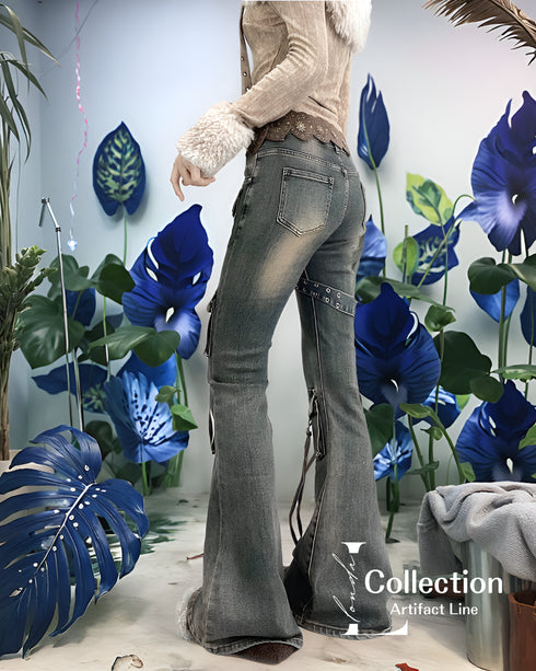 Vintage Washed Strap Denim Pants